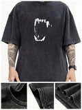 Yıkamalı Fang Baskılı Unisex Oversize Vintage T-shirt