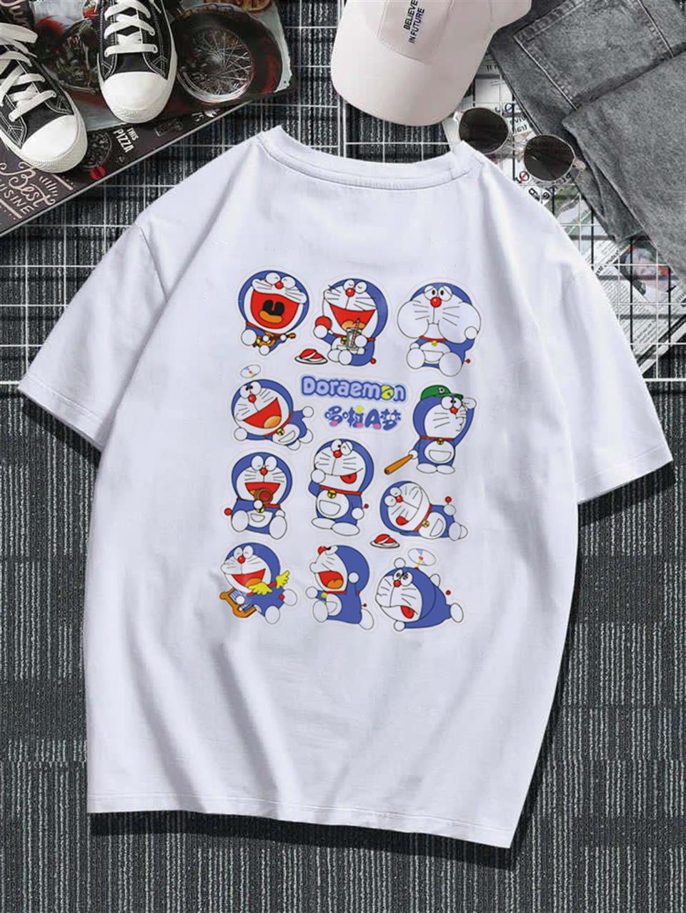 Doraemon Collage Sırt Baskılı Beyaz Unisex Oversize T-shirt