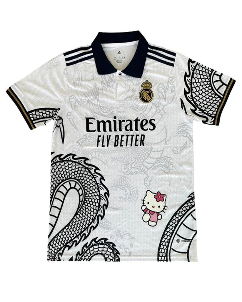 Pembe Kitty Madrid Dragon Jersey Beyaz Düğmeli Yaka T-shirt