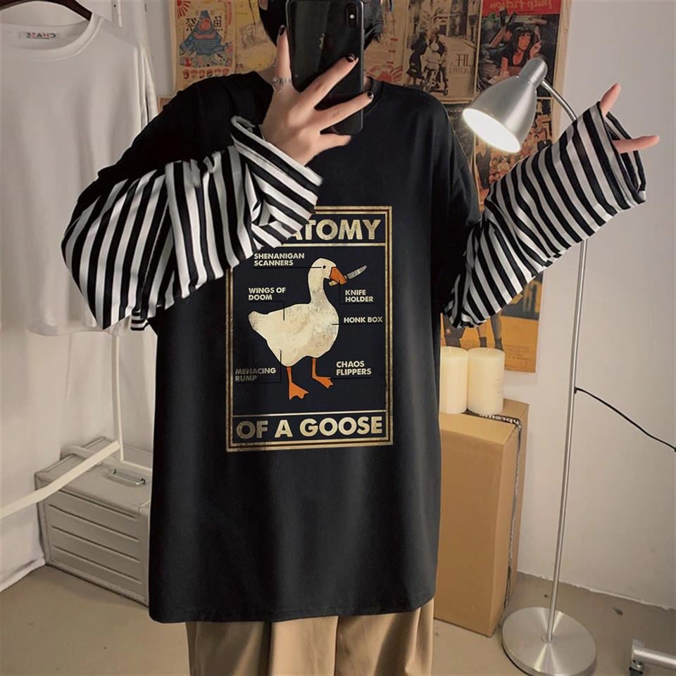 Duck Anatomy Baskılı Fake Sleeves Unisex Siyah T-shirt