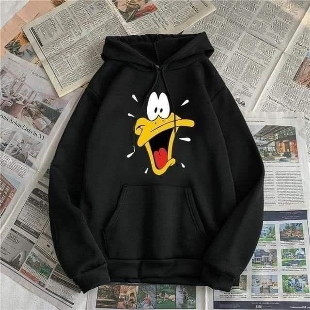 Duck Baskılı Kapşonlu Siyah Sweatshirt