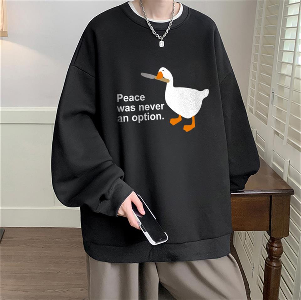 Duck Peace Baskılı Siyah Unisex Oversize Bisiklet Yaka Sweatshirt