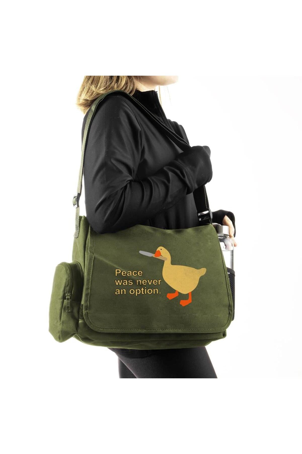 Duck Peace Baskılı Unisex Yeşil Postacı Çantası