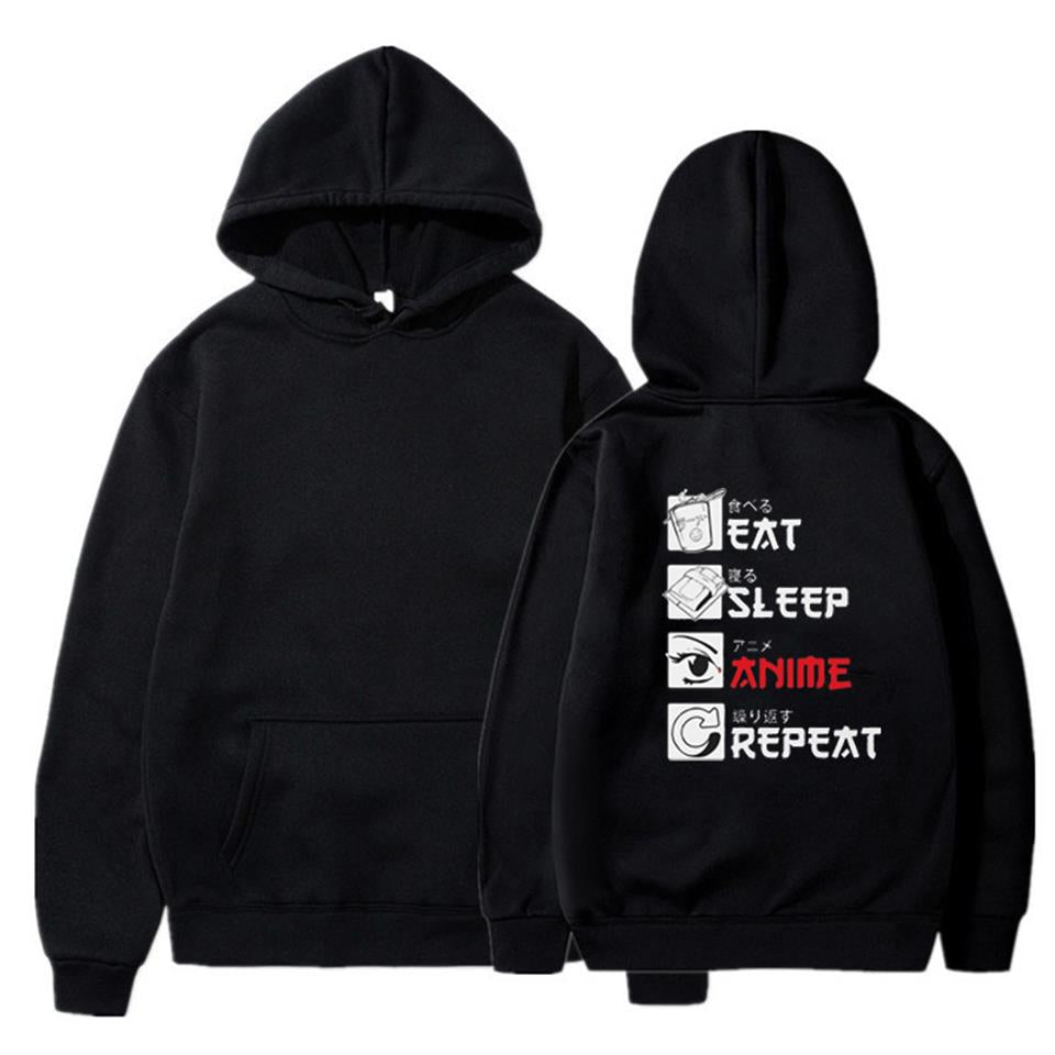 Eat Sleep Anime Repeat Sırt Baskılı Siyah Unisex Oversize Kapüşonlu Sweatshirt