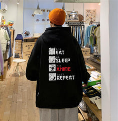 Eat Sleep Anime Repeat Sırt Baskılı Siyah Unisex Oversize Kapüşonlu Sweatshirt