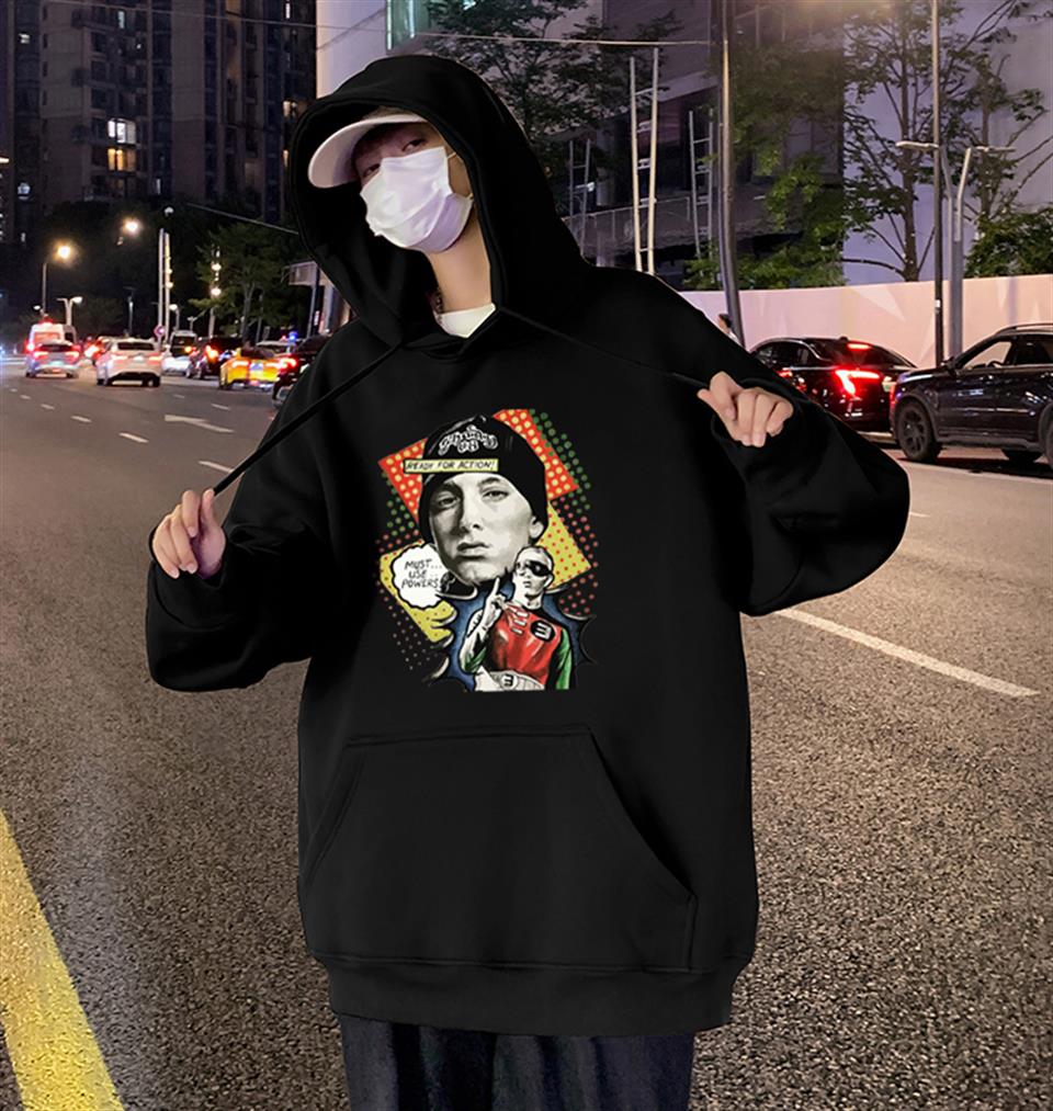 Eminem Ready For Action Baskılı Siyah Unisex Oversize Kapüşonlu Sweatshirt