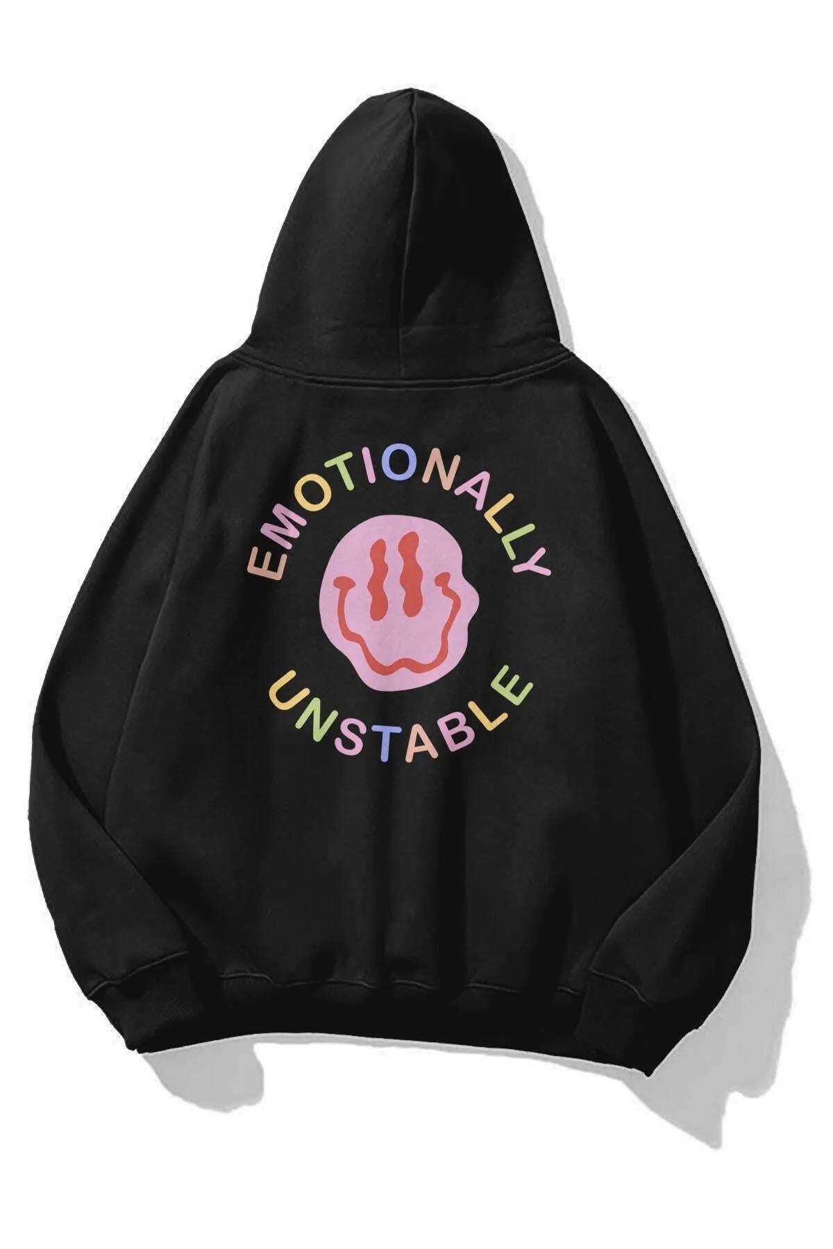 Emotionally Baskılı Siyah Kapşonlu Sweatshirt