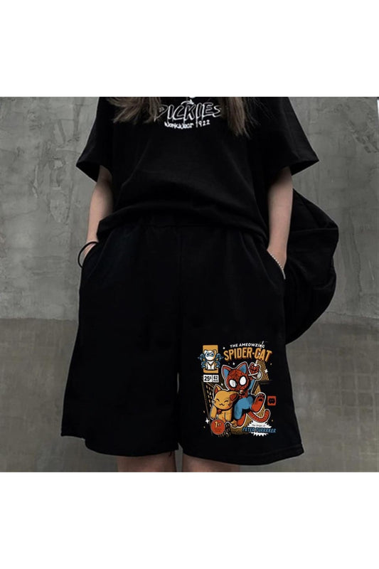 Eylm Spider-cat Baskılı Siyah Unisex Penye Şort