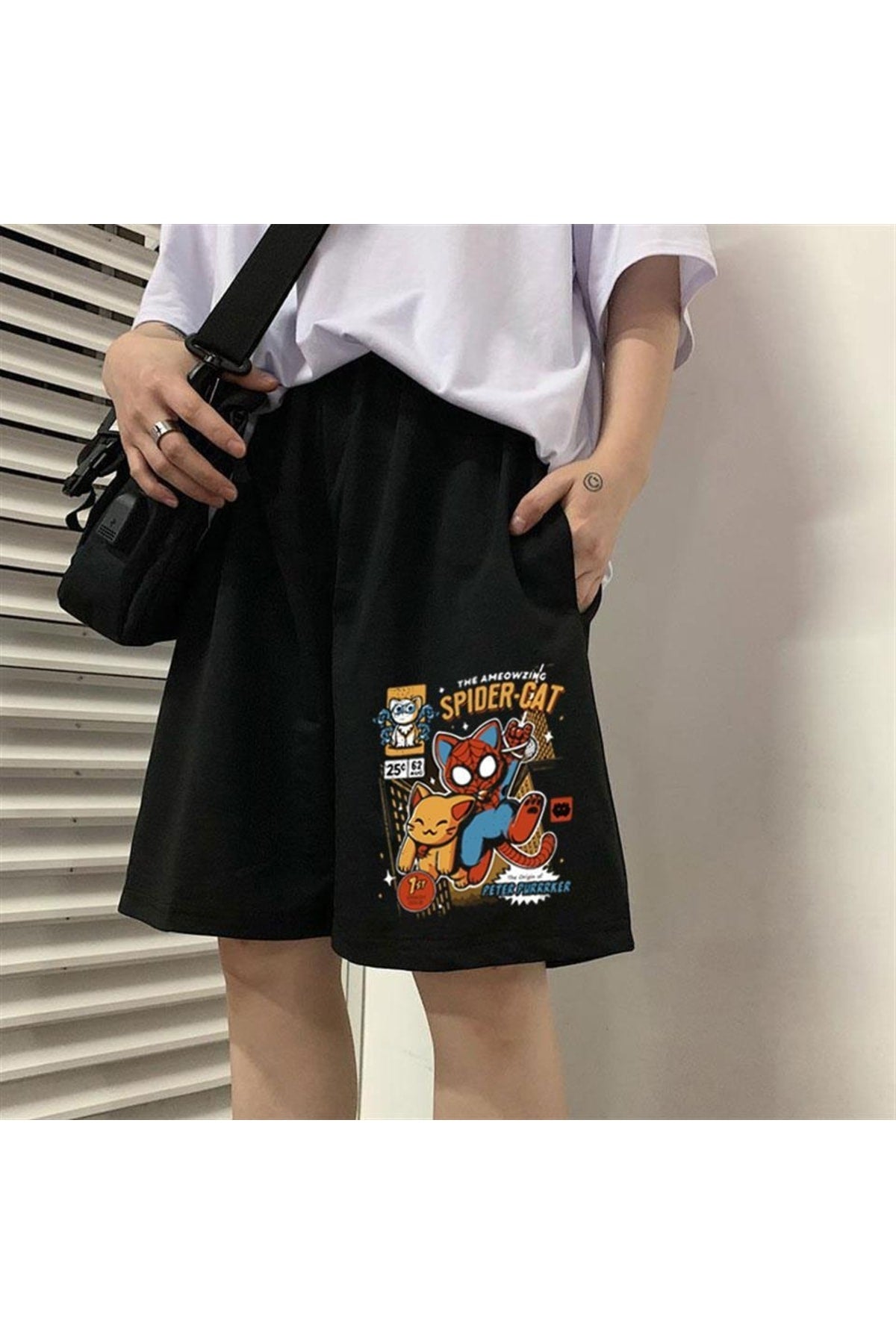 Eylm Spider-cat Baskılı Siyah Unisex Penye Şort