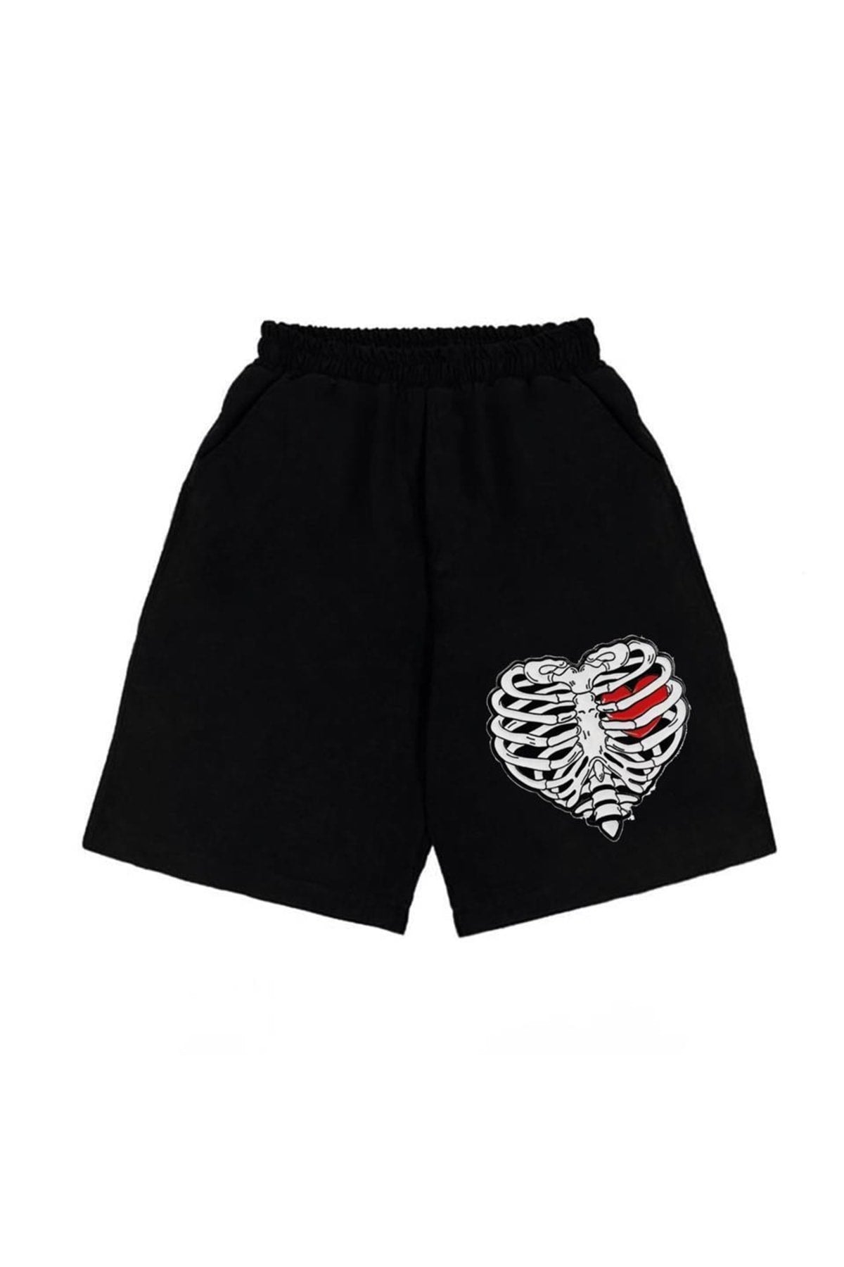 Eysa Heart Rib Baskılı Siyah Unisex Penye Şort