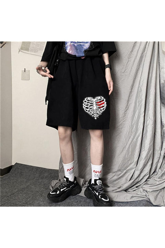 Eysa Heart Rib Baskılı Siyah Unisex Penye Şort