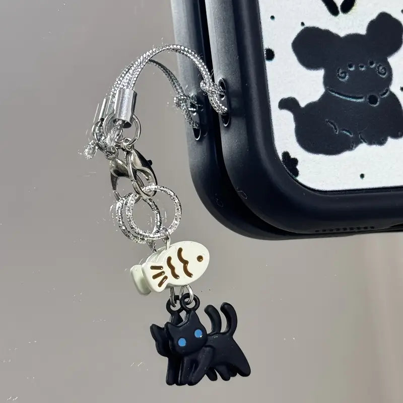 Siyah Kedi ve Balık Telefon Charmı