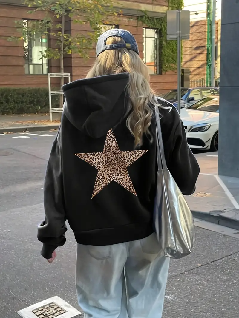 Star Leopar Detaylı Baskılı Kapşonlu Sweatshirt