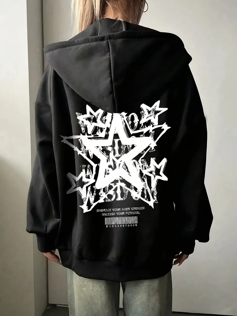 Star Baskılı Oversize Fermuarlı Siyah Unisex Kapüşonlu Hırka