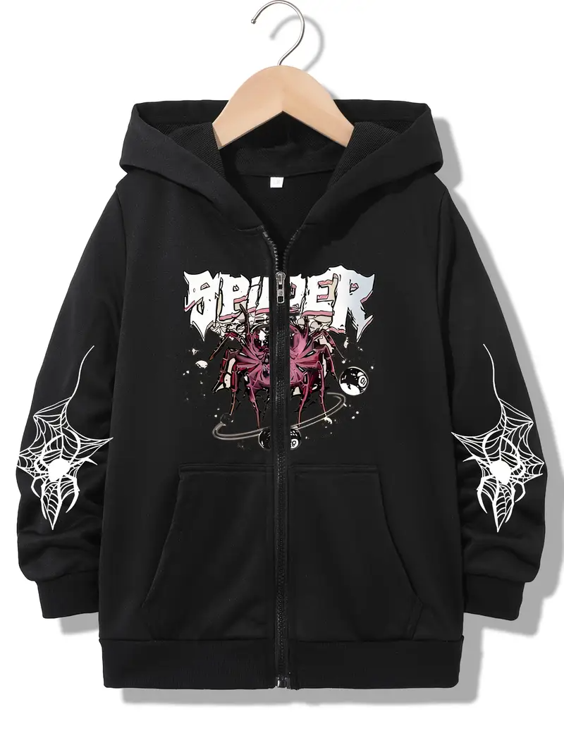 Spider Web Baskılı Oversize Fermuarlı Siyah Unisex Kapüşonlu Hırka