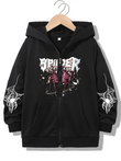 Spider Web Baskılı Oversize Fermuarlı Siyah Unisex Kapüşonlu Hırka