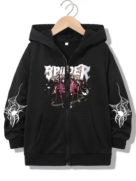 Spider Web Baskılı Oversize Fermuarlı Siyah Unisex Kapüşonlu Hırka