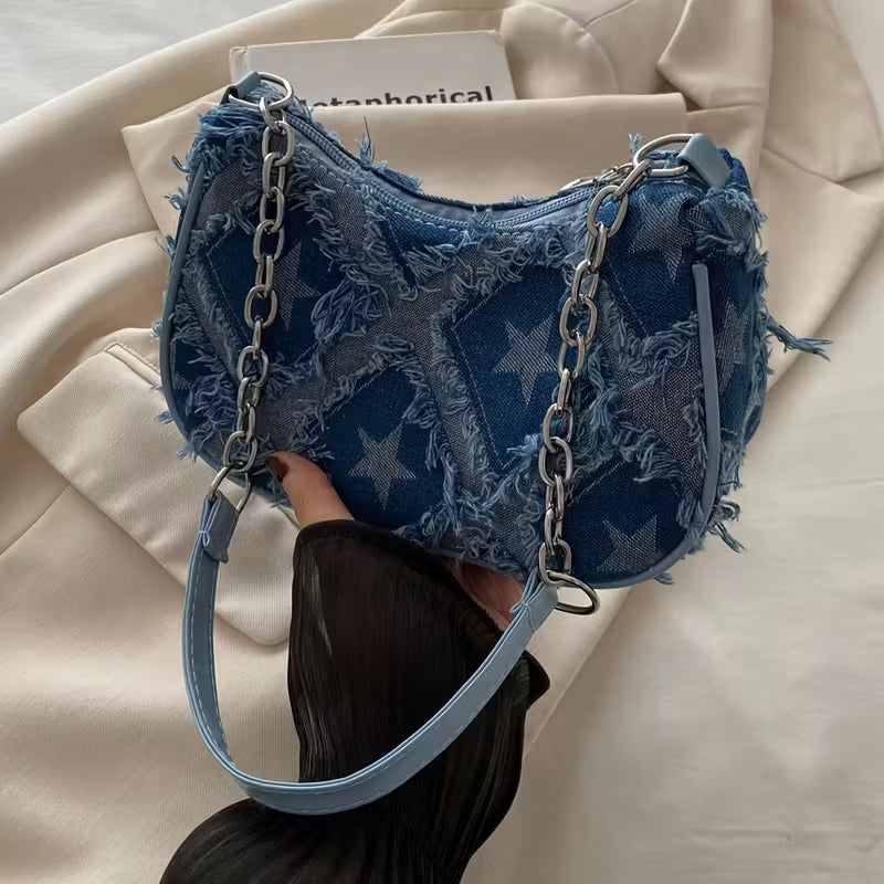 Tek Omuz Çantası, Şık Zincirli Çapraz Çanta, Çok Yönlü Günlük Küçük Denim Çanta