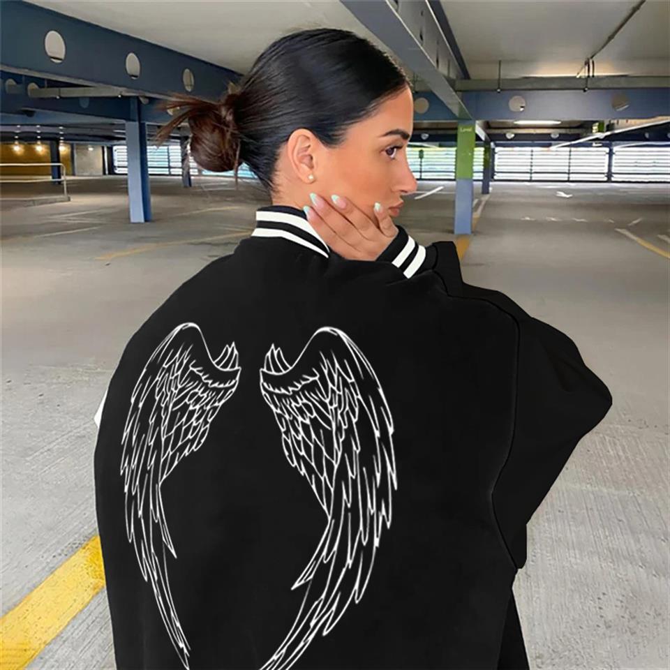 Feathered Wing Ön-Arka Baskılı Unisex Oversize Siyah Kolej Ceket