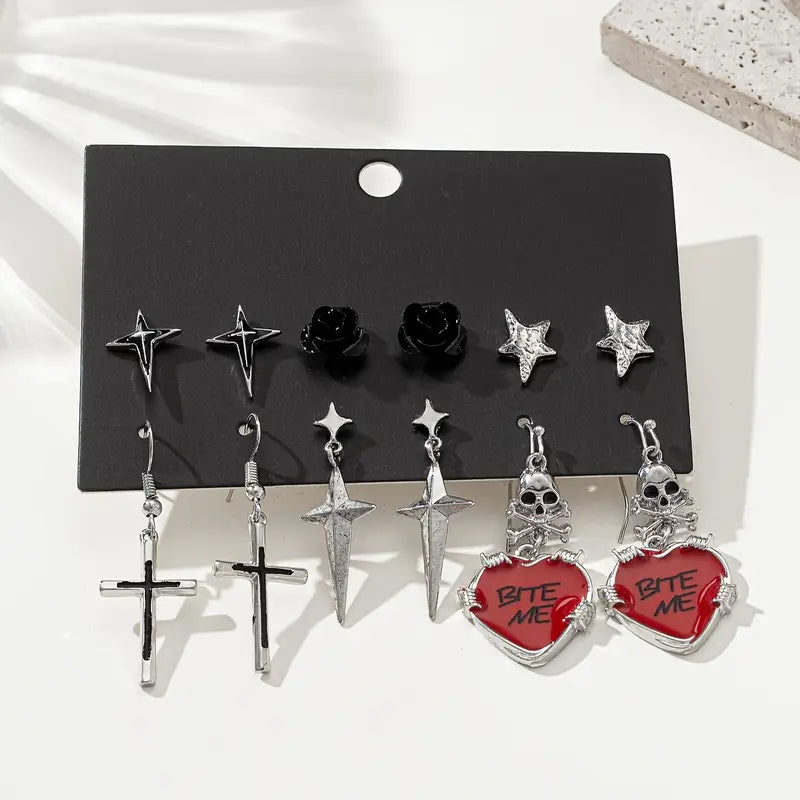 6 Çift Gothic Red Küpe Seti