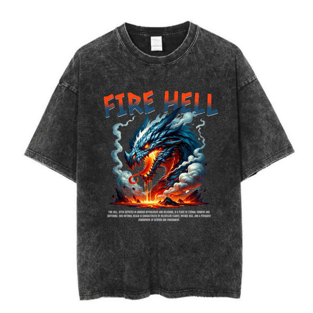 Yıkamalı Fire Hell Baskılı Unisex Oversize Vintage T-shirt