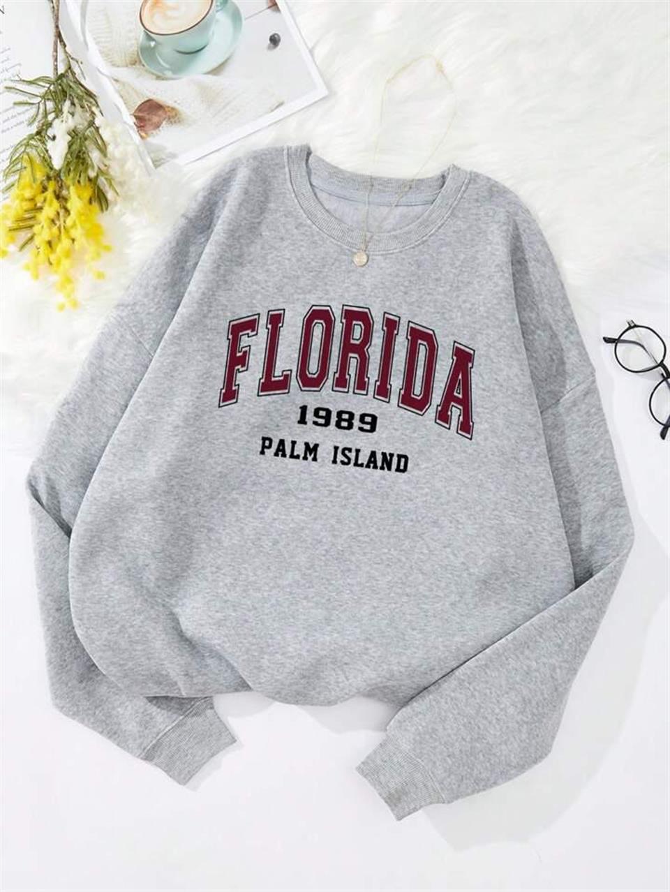 Florida Baskılı Gri Unisex Oversize Bisiklet Yaka Sweatshirt