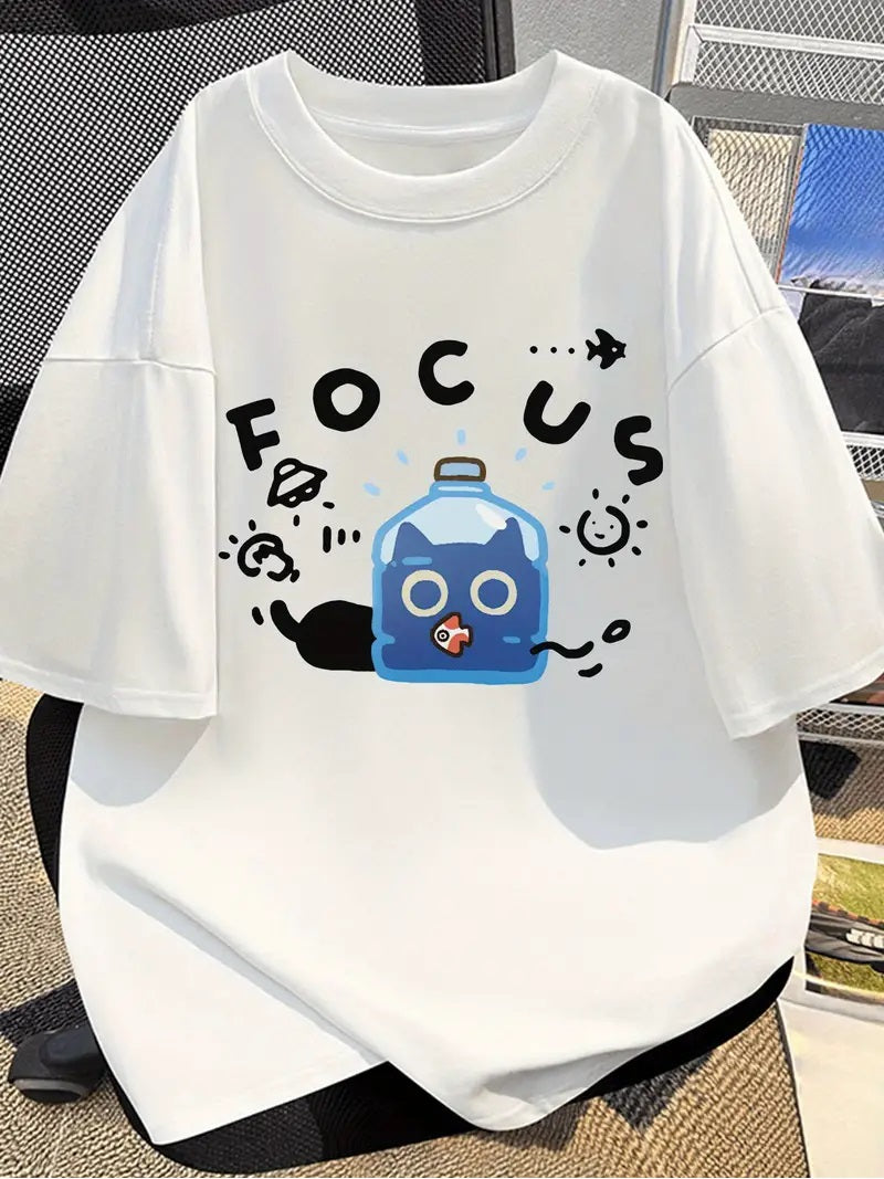 Focus Cat Baskılı Beyaz T-shirt