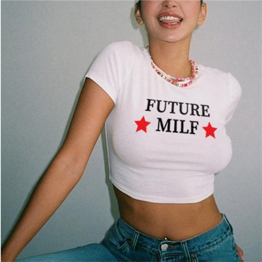 Future Milf Baskılı Beyaz Crop