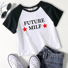 Future Milf Baskılı Reglan Kol Beyaz Crop