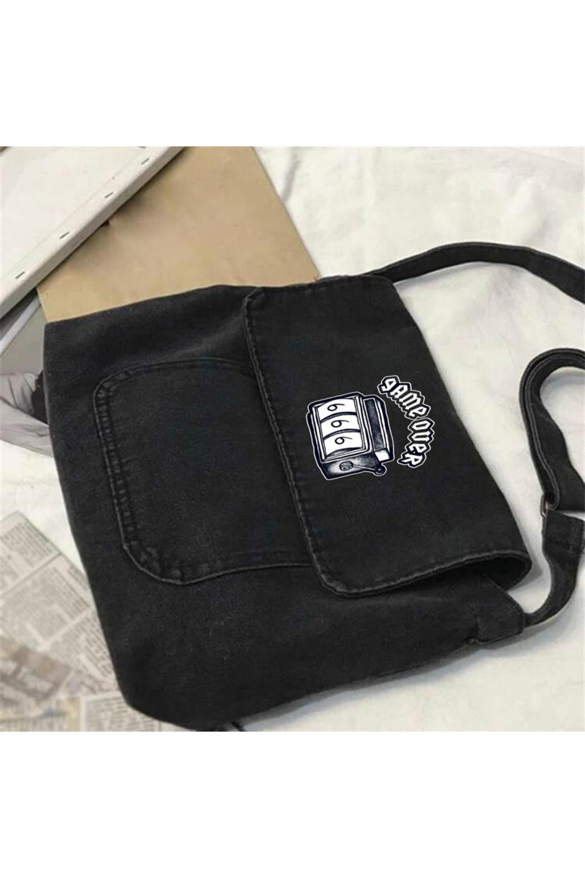 Game Over '666' Baskılı Vintage Unisex Gri Kot Postacı Çantası