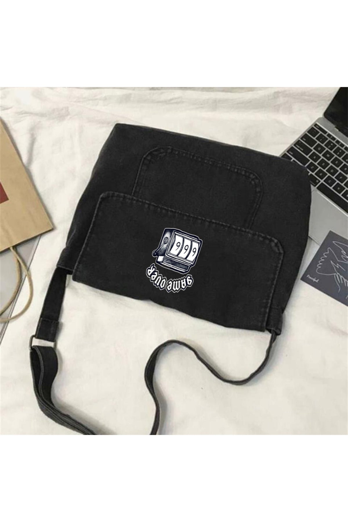 Game Over '666' Baskılı Vintage Unisex Gri Kot Postacı Çantası