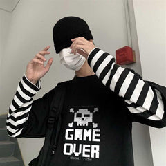 Game Over Baskılı Fake Sleeves Unisex Siyah T-shirt