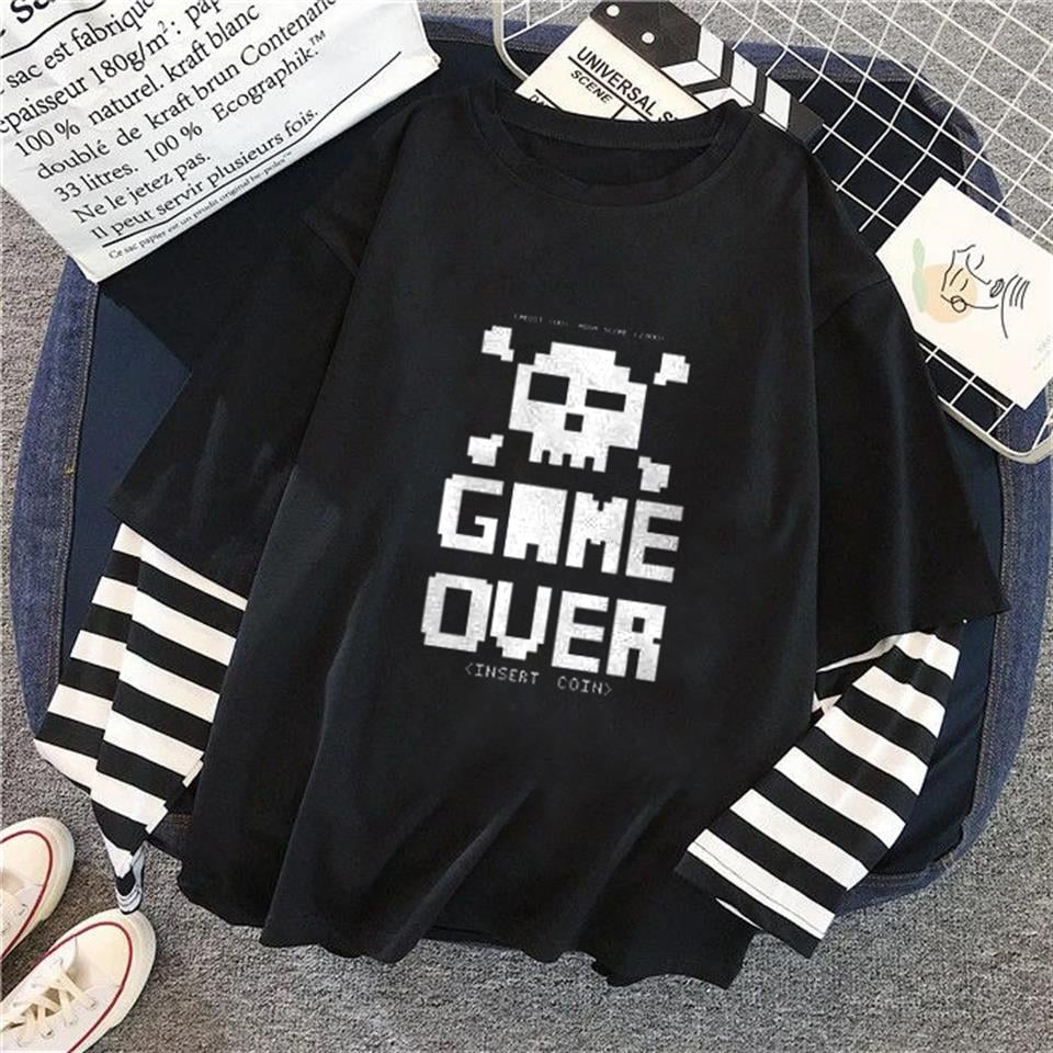 Game Over Baskılı Fake Sleeves Unisex Siyah T-shirt