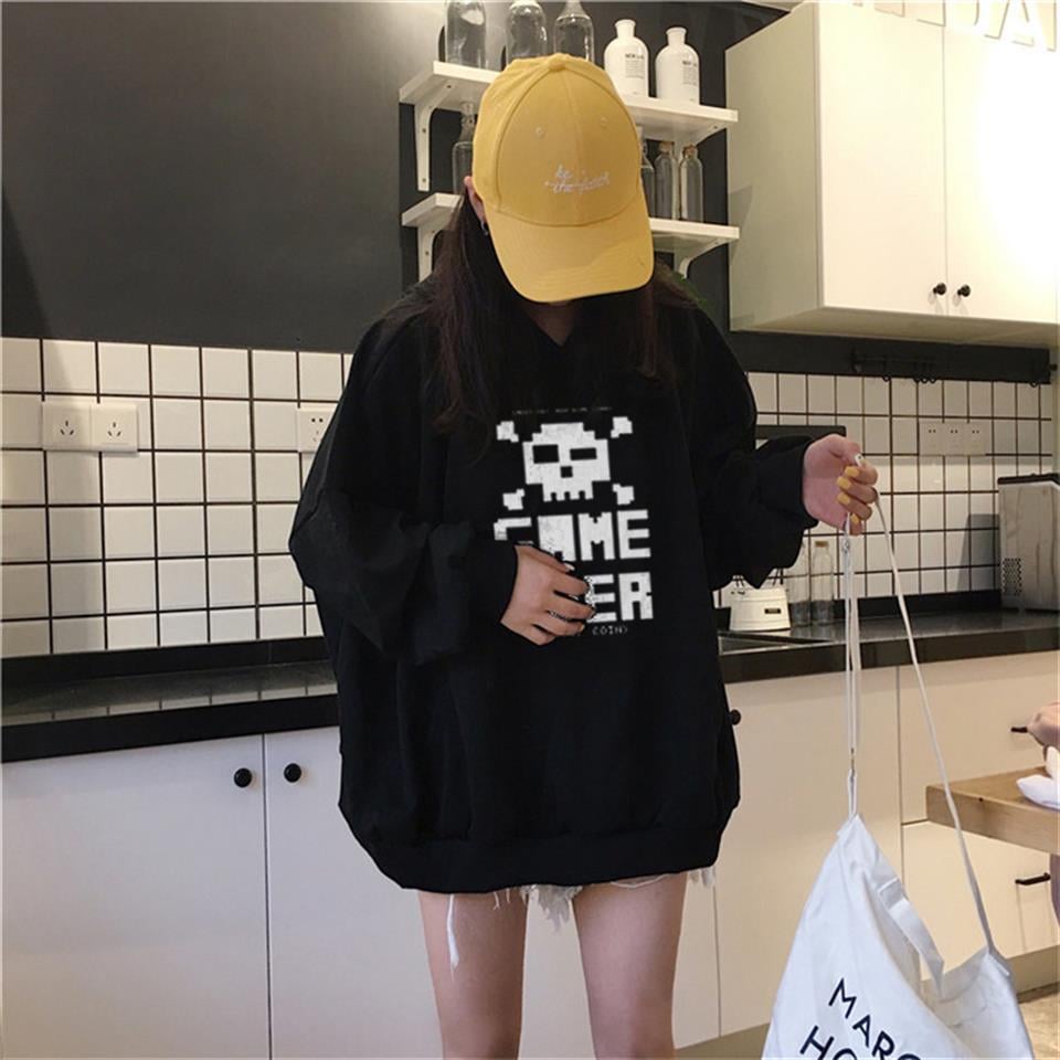 Game Over Baskılı Siyah Unisex Oversize Kapüşonlu Sweatshirt