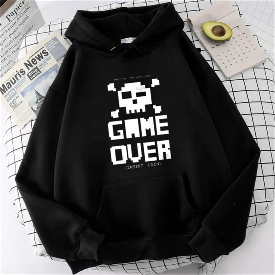 Game Over Baskılı Siyah Unisex Oversize Kapüşonlu Sweatshirt