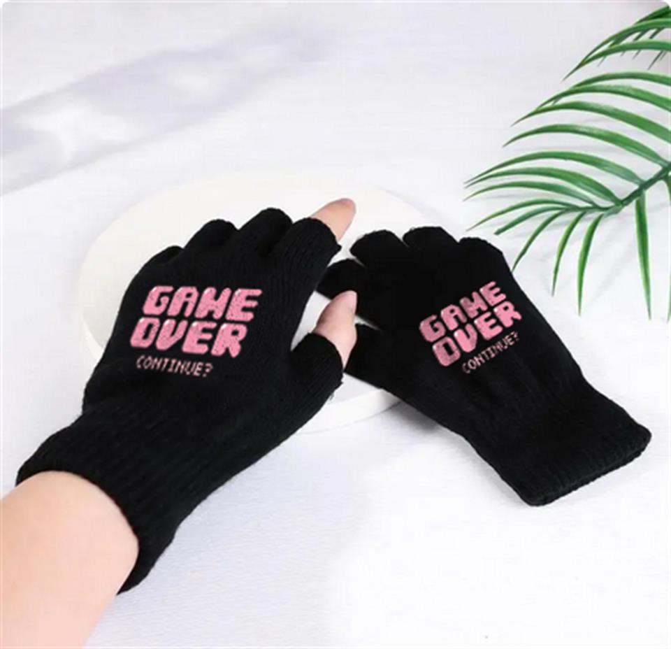 Game Over Continue Baskılı Unisex Siyah Kesik Çift Eldiven