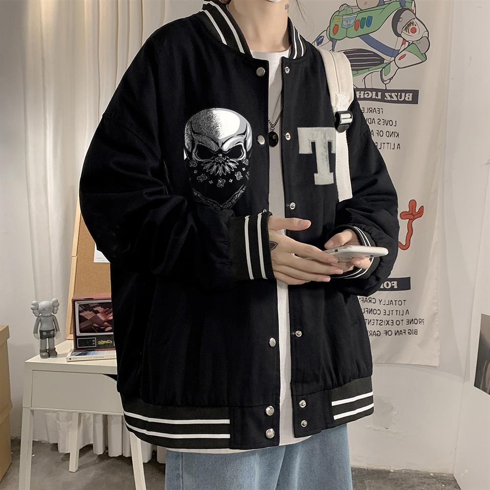 Gang Skull Baskılı Unisex Oversize Siyah Kolej Ceket