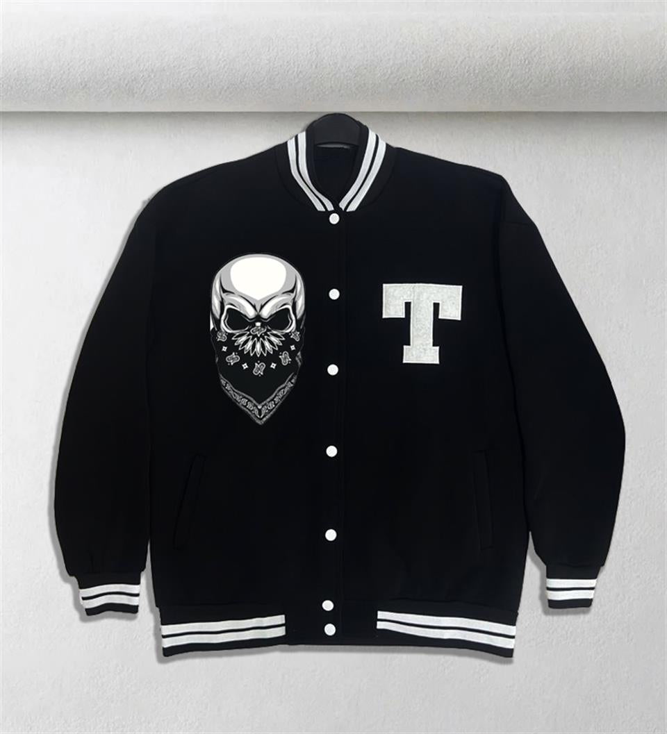 Gang Skull Baskılı Unisex Oversize Siyah Kolej Ceket