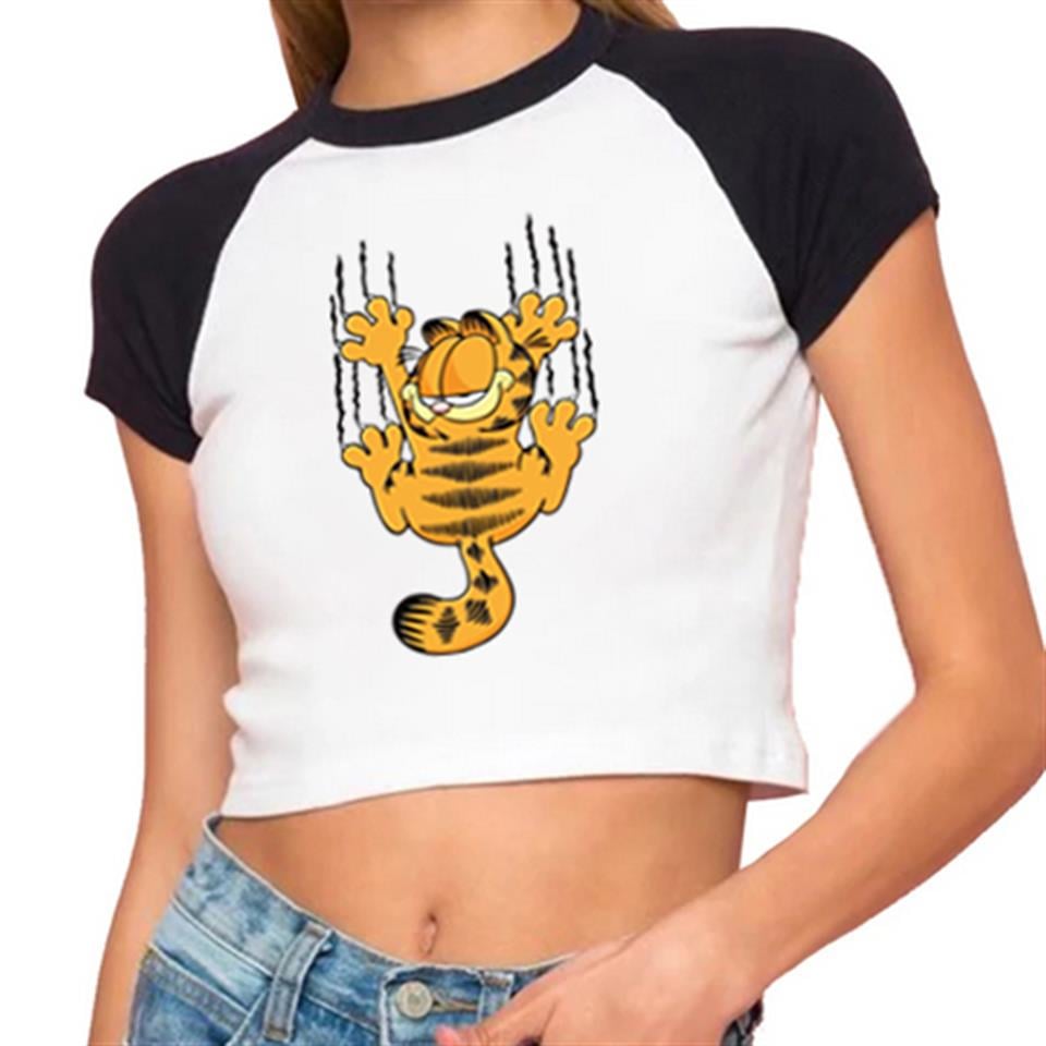 Garfield Baskılı Reglan Kol Beyaz Crop