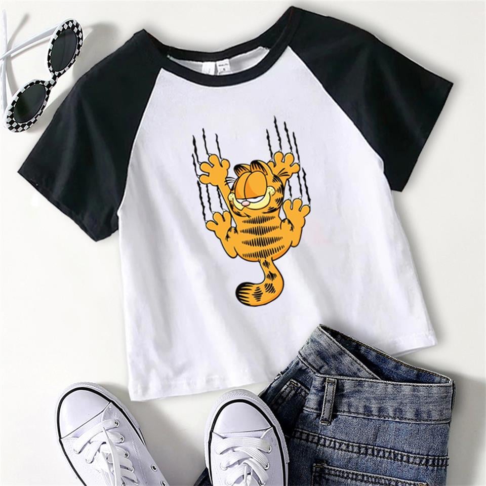 Garfield Baskılı Reglan Kol Beyaz Crop