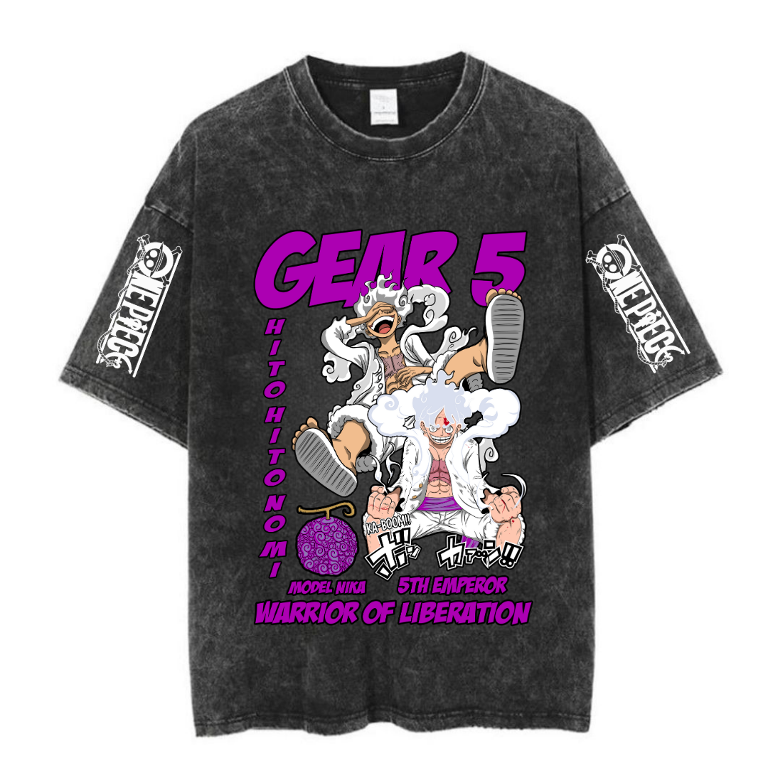 Yıkamalı Anime One Piece Gear Five Baskılı Unisex Oversize Vintage T-shirt