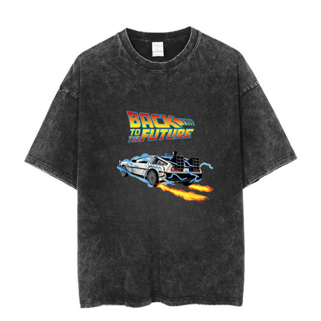 Yıkamalı Back To The Future Baskılı Unisex Oversize Vintage T-shirt