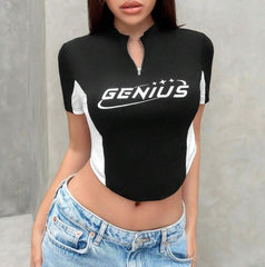 Genius Baskılı Siyah Crop