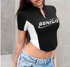 Genius Baskılı Siyah Crop