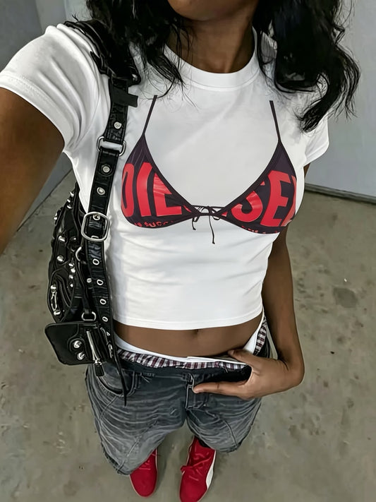 Streetwear Bra Baskılı Crop Bluz