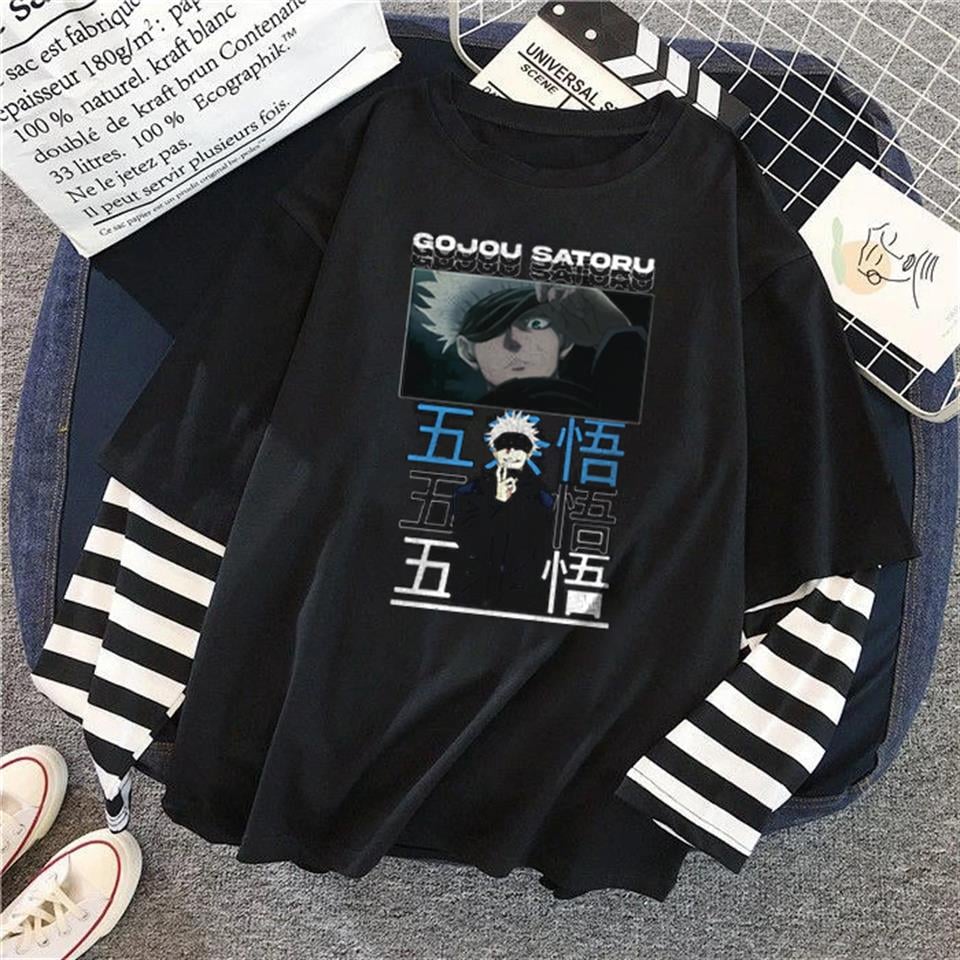 Gojou Satoru - Jujutsu Kaisen Baskılı Fake Sleeves Unisex Siyah T-shirt