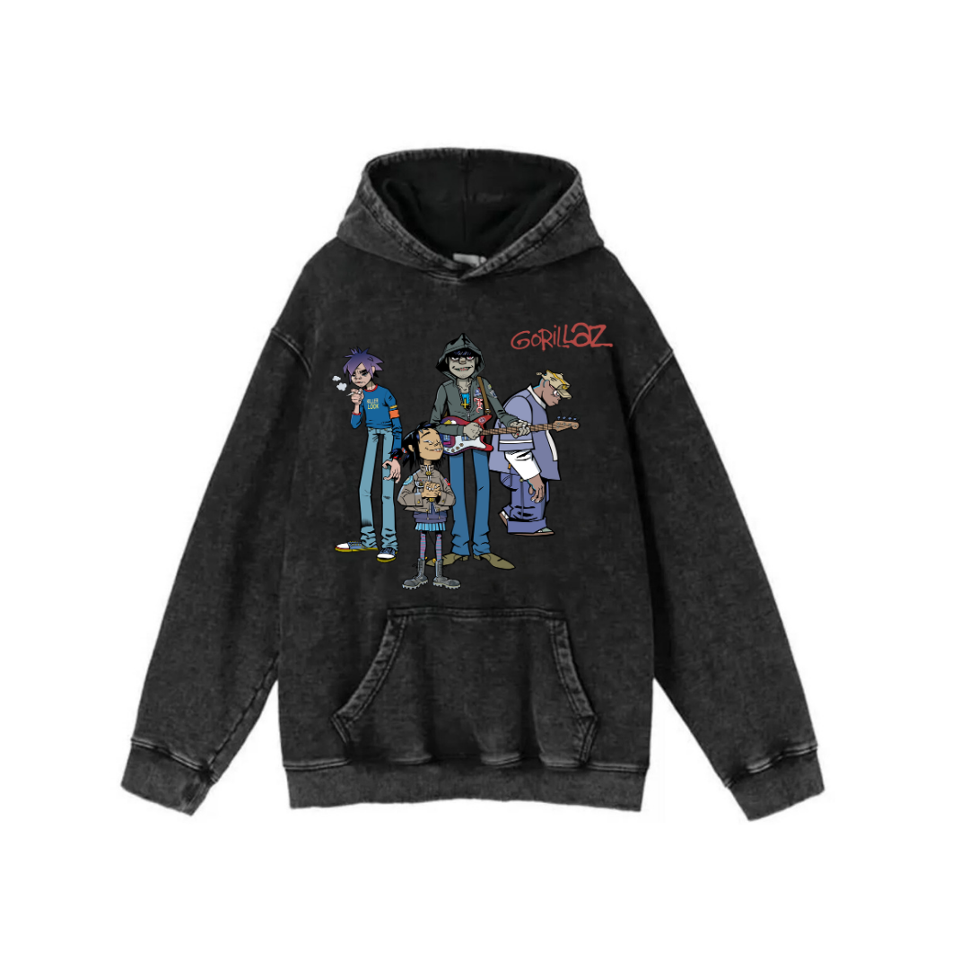 Yıkamalı Kumaş Rock Serisi Gorillaz Kapüşonlu Hoodie Sweatshirt