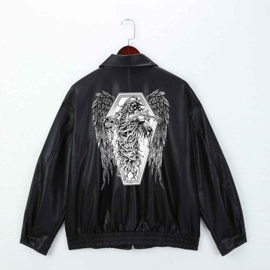 Gothic Angel Skeleton Baskılı Streetwear Siyah Oversize Unisex Astarlı Deri Ceket