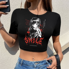 Gothic Girl Smile Baskılı Siyah Crop