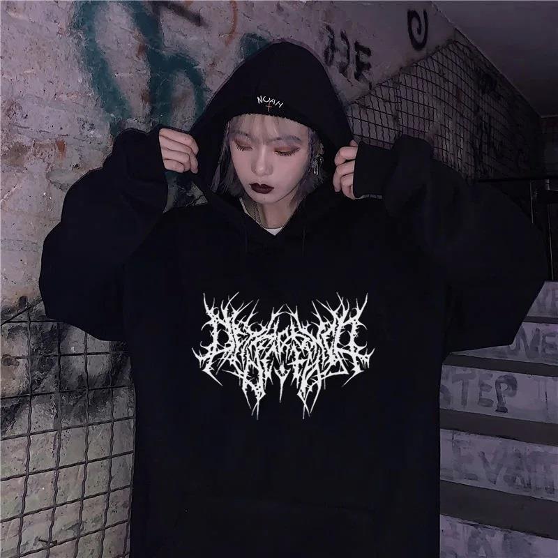 Gothic Graphic Baskılı Siyah Unisex Oversize Kapüşonlu Sweatshirt